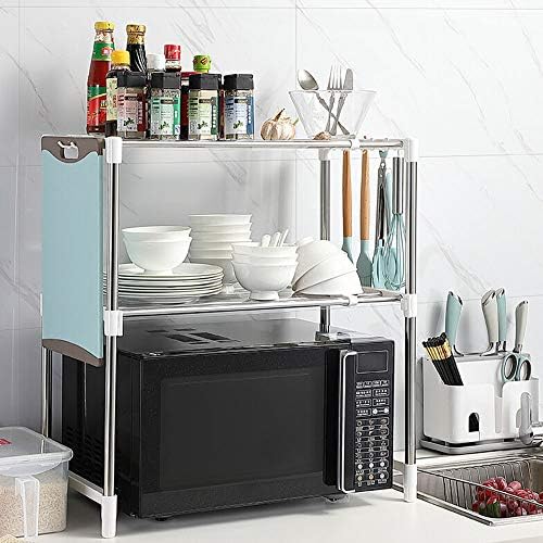 YORKING 2 Tier Microwave Oven Rack Stainless Steel Countertop Storage Organizer Stand Expandable Countertop Stand Shelf with 4 Hooks for Bedroom Kitchen Living Room Bathroom