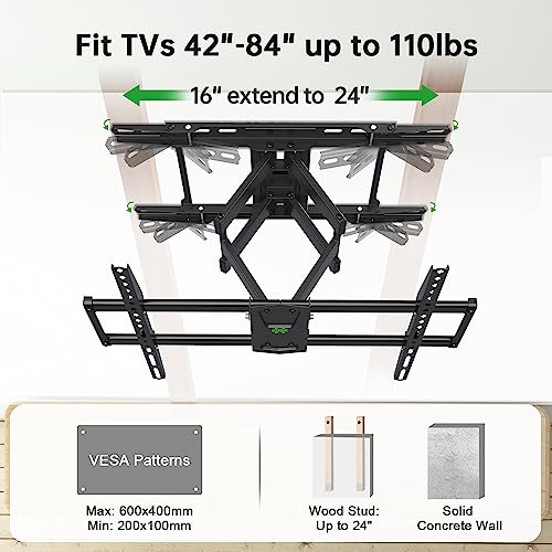 Usx Mount Full Motion Tv Wall Mount 42"-84" Tvs, Fits 16" 18" Or 24" Studs, Heavy Duty Tv Mounts Bracket With Dual Articulating Arms Tilt Swivel Extension Max Vesa 600X400Mm, Weight Capacity 110Lbs #TOP5