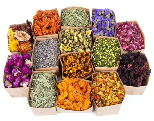 Sukh Dried Herbs Kit - Dried Botanicals Bulk,14 Bags Natural Dry Flowers And Herbs For Soap,Candle,Perfume,Bath Bombs,Resin Jewelry Making Supplies,Fragrance Sachet Diy And Witchcraft