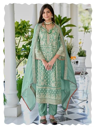 Image of INDO ERA Women's Organza Kurta and Pant with Dupatta Set
