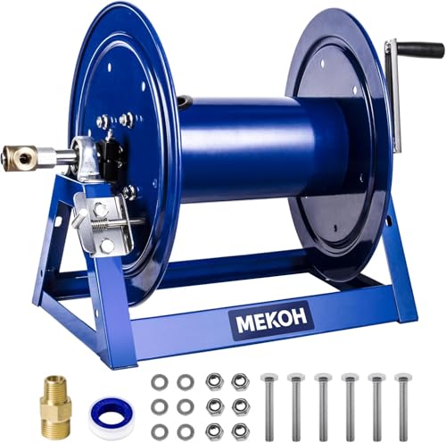 MEKOH Pressure Washer Hose Reel 3/8x350ft 5000PSI Hand Crank Power Washer Hose Reel for 1/4x455ft Heavy Duty Steel Hose Reel with Trailer/Wall/Van Mount A-Frame Manual Reel for Water M22 Fitting