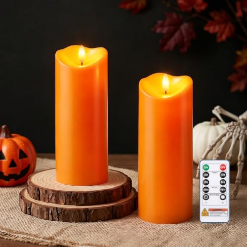 Image of Raycare 8 inchx3 inch Outdoor Waterproof Flameless Candles with Remote and Timer, Battery Operated LED Electric Fake Pillar Candle for Halloween Home Wedding Decor, Orange, Set of 2