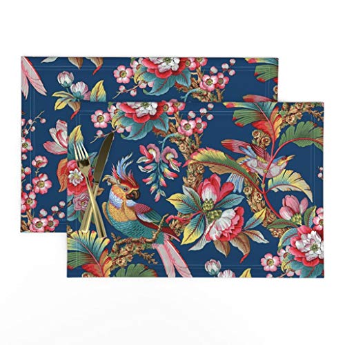 Roostery Cloth Placemats, Tropical Bird Parrot Botanical Antique Palm Lonely Print, Linen-Cotton Canvas Placemats, Set of 2