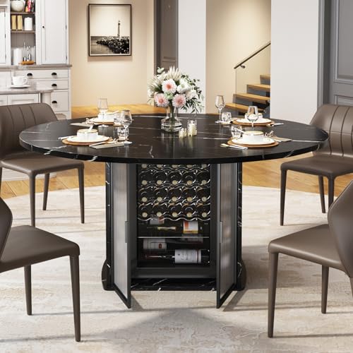 IBF Round Dining Table with Storage, Black Faux Marble Kitchen Tables for 4-6 People, 47\" Modern Dining Room Tables with Fridge Space, Wood Circle Dinner Table for Home, Black Marble, Only Table