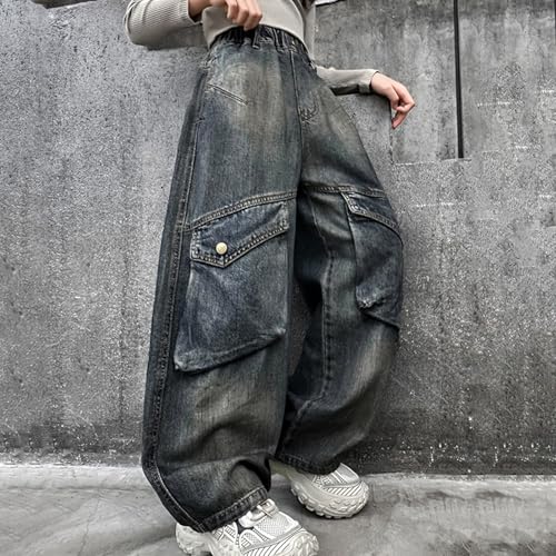 Baggy Cargo Jeans for Girls Wide Leg Straight Elastic High Waisted, Casual Fashion Streetwear Y2k Denim Pants Trousers4