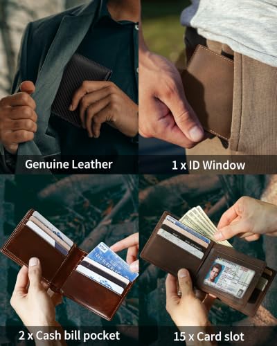 Image of Artpaxy Mens Wallet Bifold Genuine Leather RFID Blocking Wallet for Men with 1 ID Window 15 Card Holders 2 cash pockets 1 Gift Box