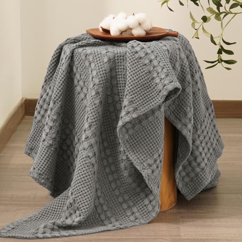 Image of PHF 100% Cotton Waffle Throw Blanket for Couch, Lightweight Breathable and Soft for Summer, Luxury Aesthetic Waffle Weave Blanket for Home Decor & Office, Gifts for Women, 50 inchx60 inch, Dark Grey