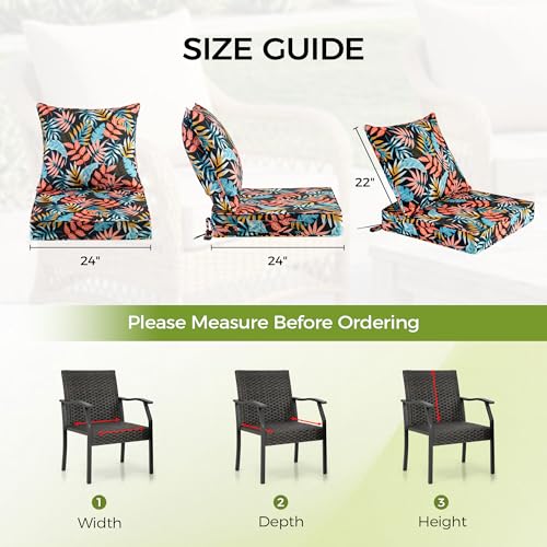 Image of UNIKOME 24 inchx24 inchx4 inch Outdoor Chair Cushions Set - Waterproof Patio Cushions for Outdoor Furniture with Removable Cover, Ties & Handle, Deep Seat Patio Cushions for Sofa Couch - Dark Leaves