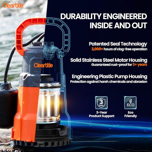 Image of Cleartide Submersible Water Sump Pump with Float Switch, 1 /2 HP 3060 GPH High Flow, Ideal for Yard and Flooded Cellar, Hot Tub, Garden Irrigation, Debris-Handling up to 3 /8 inch