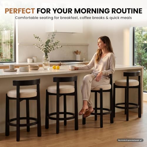 Image of LukeAlon Mid Century Linen Counter Stools Set of 6, Upholstered 26.5 inch Seat Height Low Barstools with Black Wood Legs Round Low Back Kitchen Stools with Footrest for Dining Room Restaurant, Beige