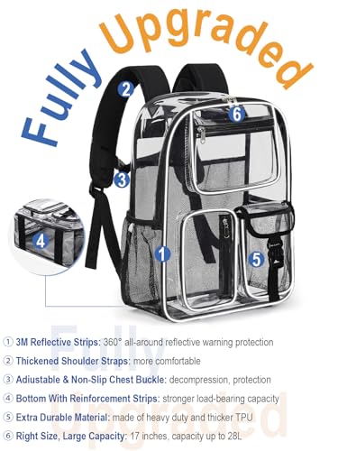 Image of Heavy Duty Clear Backpack For School, 17 Inch Large Clear Bookbag For Kids Boys Girls Women Men, 360 3M Reflective Strips See Through Backpack, Multi-Pockets Tranparent Bag, College Work, Black