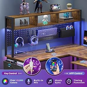 SEDETA L Shaped Computer Desk, Reversible Corner Desk with Power Outlet and Pegboard, Computer Desk with Led Lights, Keyboard Tray, Headphone Hook and Storage Shelves, Rustic Brown SEDETA L Shaped Computer Desk Reversible Corner Desk with Power Outlet and Pegboard Computer Desk with Led Lights Keyboard Tray Headphone Hook and Storage Shelves Rustic Brown