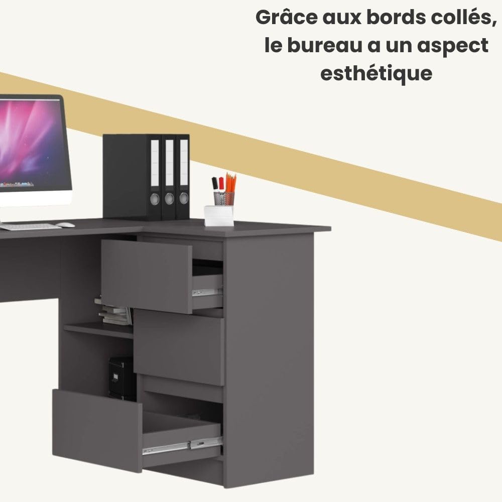 AKORD Bureau d'angle | Table avec Meuble de Rangement intégré et modulable avec 3 tiroirs et 2 étagères | L124 x H77 x P85 | Fourniture Bureau | Gris Graphite