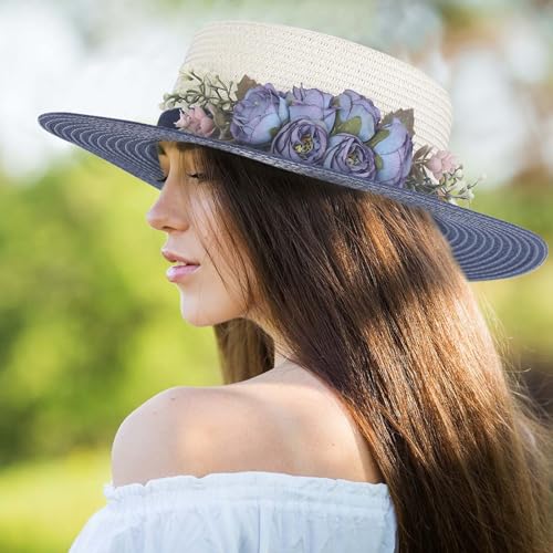 Sombrero de paja para mujer con ala ancha y flores miniatura 2