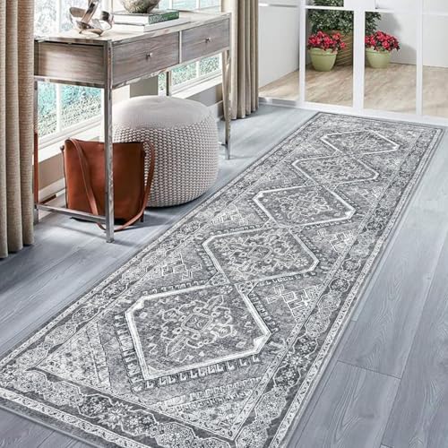 KUTA 3x8 Grey Oriental Area Rug for Living Room, Vintage Washable Kitchen Rugs Non Slip, Ultra Soft Printed Distressed Eastern Medallion Entry Runners Low-Pile Throw Carpet for Bedroom Decor