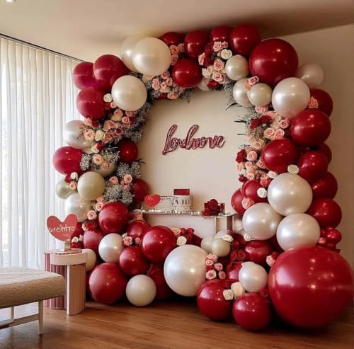 Image of Red White Balloon Garland Dark Red Double Stuffed Balloons Arch Kit Set For Birthday Mothers Day Valentine Engagement Anniversary Bridal Shower Party Decorations