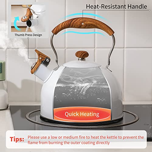 Lonffery Tea Kettle, 2.5 Quart Whistling Tea Kettle, Tea Pots For Stove Top Food Grade Stainless Steel With Wood Pattern Folding Handle - White #TOP2