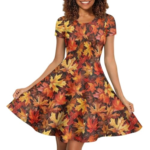 Image of POLERO Sunflower Dress for Women Floral Summer Dresses Short Sleeve Casual Sundresses Midi Dresses