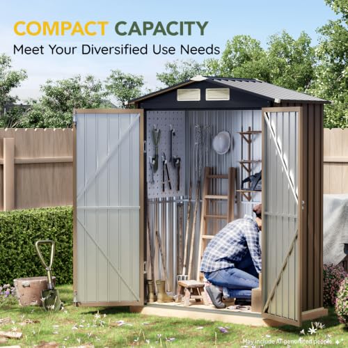 Image of Breezz 5x3FT Outdoor Steel Storage Shed, Lockable Doors, Compact Metal Tool Shed for Garden, Backyard, Patio, Utility, and Bike Storage,Brown