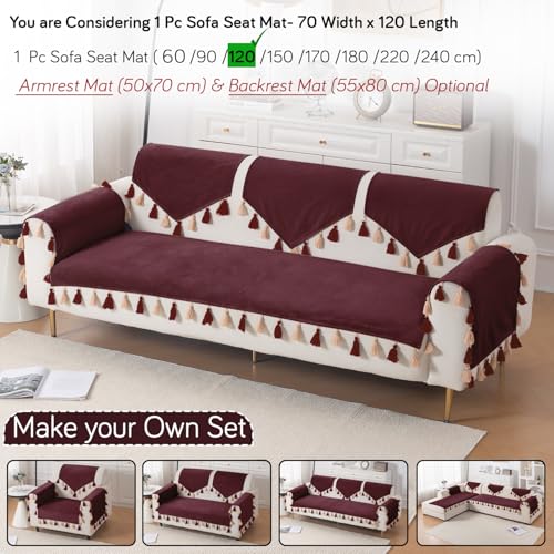 Image of HOKIPO Premium Holland Velvet Sofa Cover with Tassel for 1 /2 /3 Seater & L Shape Sofa | Make Your Own Set, 'TasselTone Series' Sofa Mat, 70(W) x 120(L) cm, Wine Red (IN-1106-MRN)