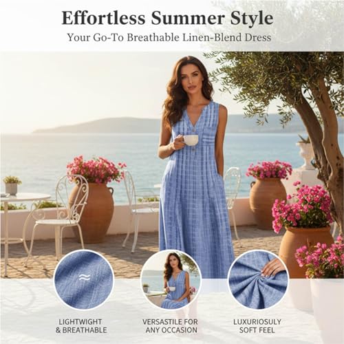 Image of Women Casual Dress Summer Stripe Button V Neck Sleeveless with Pocket Long Dresses Holiday Beach Party Midi Dress