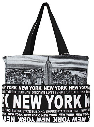 New York Skyline Canvas Tote Shoulder Bag, Black, One Size