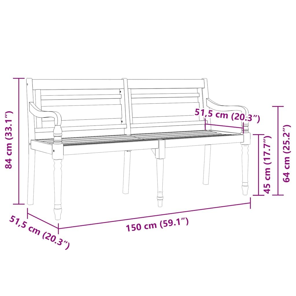 Batavia ławka z beżową poduszką 150 cm, lite drewno tekowe, ławka ogrodowa z oparciem i podłokietnikami, odporna na warunki atmosferyczne, na taras, balkon, do relaksu na świeżym powietrzu