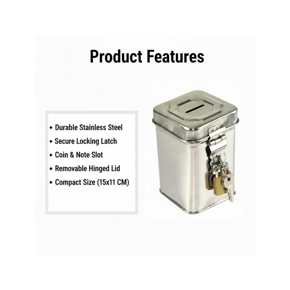 Stainless Steel Money Bank with Lock - Secure Savings Box -5