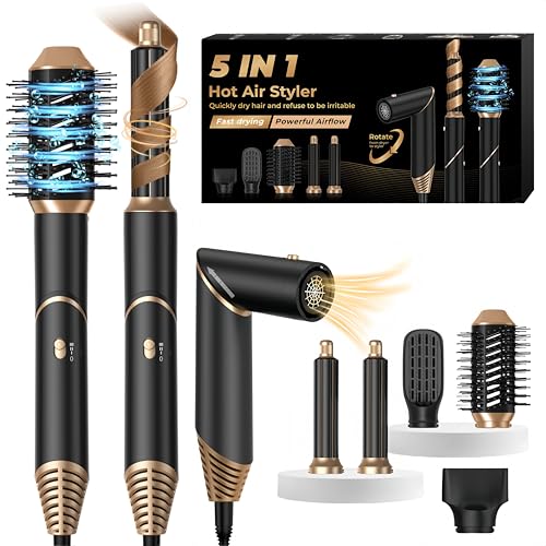 5 in 1 Spazzola Ad Aria Calda Set: Questo 5 in 1 set airstyler per donne include un ioni asciugacapelli rotante da 60,000 giri/min, una spazzola ad aria calda, 2 bacchette arricciacapelli ad aria, 1 spazzola lisciante e 1 ugello per asciugacapelli. Se stai cercando una soluzione pratica ed economica per acconciature fatte in casa, questo 5 in 1 hairstyler e asciugacapelli multifunzionale per la casa è ciò che fa per te.