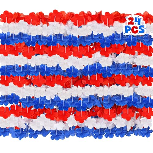 4th of July Accessories 24pcs 250th Anniversary Patriotic Leis Fourth of July Clothing Costume Red Blue White Silk Flower Leis Costume Independence Day Lei for Memorial Day Patriotic Parade