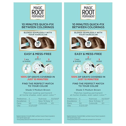 Image of L'Oreal Paris Magic Root Permanent Hair Color Kit, 100% Gray Hair Coverage In Just 10 Minutes, Precision Brush Applicator for Seamless Application, 5 Medium Brown (2 Count)