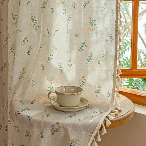 Image of MYSKY HOME Boho Floral Linen Curtains 96 Inches Long Vintage Farmhouse Bohemian Spring Patterned Semi Sheer Window Treatments with Tassel Back Tab Living Room Bedroom, Blue and Orange, W50, 2 Panels