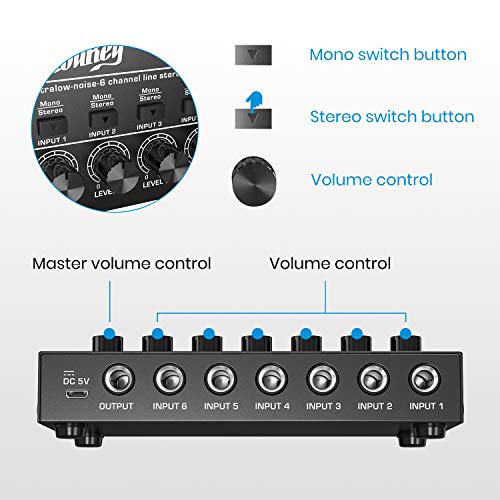 Moukey MAMX2 6 Kanal DJ Mixer Mischpult, Musik Mixer tragbar, 6 Stereo Mini Audio Mixer DC 5V für kleine Clubs Bars… - Image 5