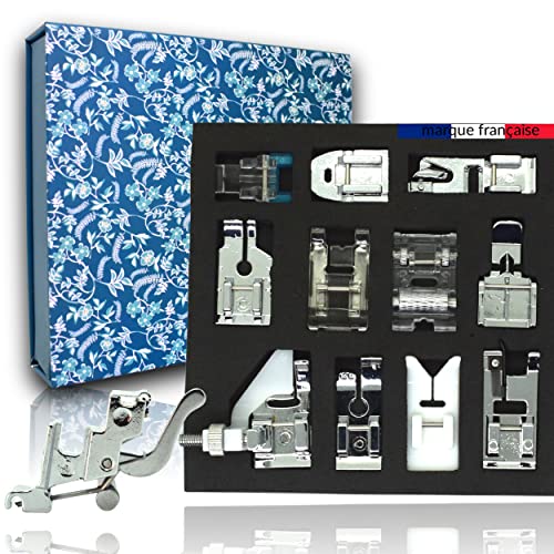 SPINELLA® Kit pieds de biche 11 pièces machine à coudre avec adaptateur universel pieds presseur notice Ebook en français fournis pour machines à coudre domestiques et retouches, cuir, teflon, surjet.