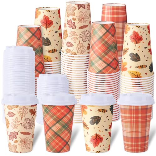 NatNarr 100 Set Disposable Coffee Cups with Lids, 12 oz Maple Leaves Paper Coffee Cup Insulated Paper Coffee Cups for Hot Cold Tea Drinks Party Reception, 4 Styles
