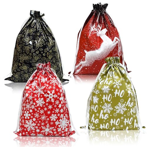 4pcs Various Design Xmas Drawstring Gift Bag, QRTDXP 43 * 58cm Large Christmas Foil Goody Bags for Christmas Party