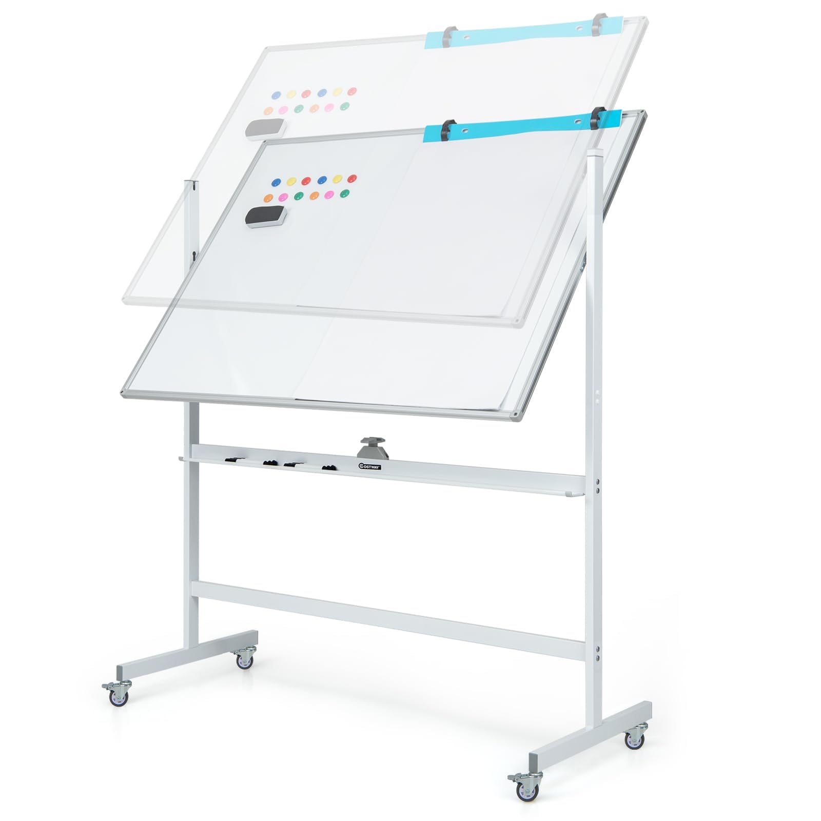 FANTASK Doppelseitiges mobiles Whiteboard, 120 x 90 cm, Trocken abwischbares magnetisches Whiteboard mit Gittermuster, Rollen, Ständer und Stiftablage, inkl. Zubehör für Büro, Zuhause (Weiß)