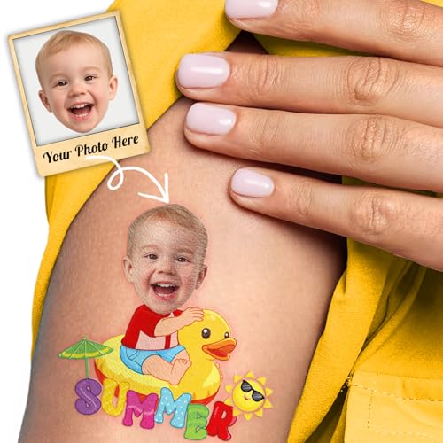 Image of Custom Summer Temporary Tattoos for Kids, Set of 20 | Personalized Pre-Cut Face Photo, Birthday Party Favors, Boys Girls, Summer Vacation
