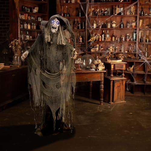 Haunted Hill Farm Life-Size Animatronic Scary Talking Witch with Touch Activated Lights and Sound, Indoor or Covered Outdoor Creepy Halloween Decorations for Home or Haunted House, Battery Operated