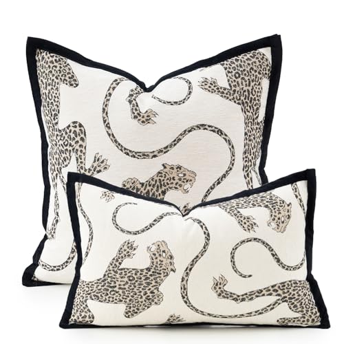 Housses de coussin velours chenille antitache motif léopard blanc crème