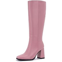 Knee High Boots for Women - Wide Calf Boots with Zipper, Square Toe Tall Leather Boots, Chunky Heel Fashion Long Boots