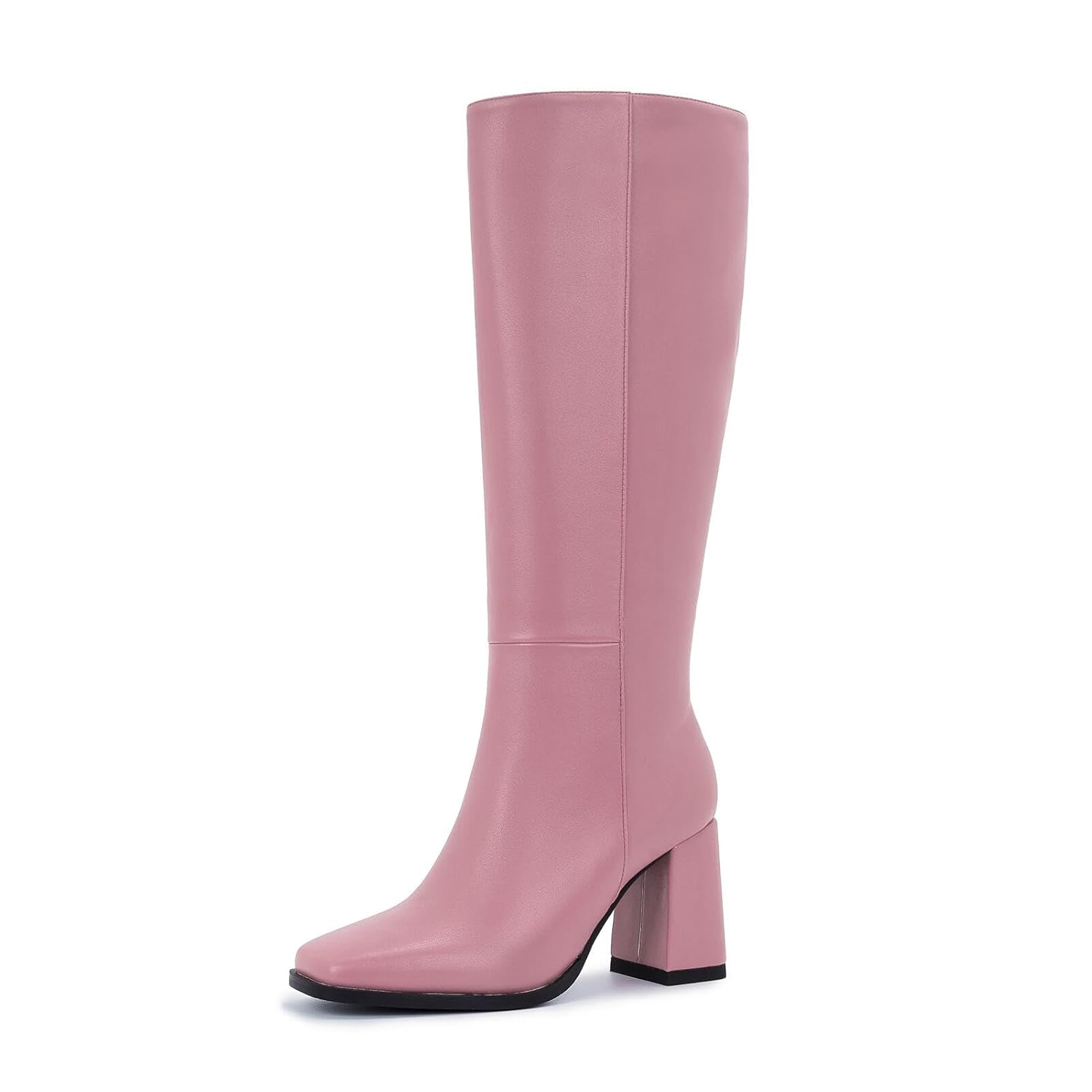 Knee-High Boots for Women - Wide Calf Boots with Zipper Square Toe Tall Leather Boots Chunky Heel Fashion