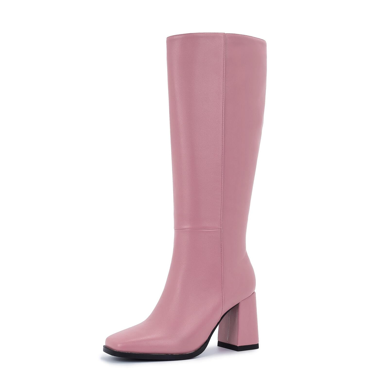 Knee-High Boots for Women - Wide Calf Boots with Zipper Square Toe Tall Leather Boots Chunky Heel Fashion