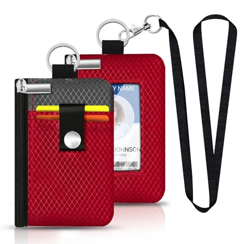 Image of Minimalist RFID Blocking Small Wallet with ID Window,WaterResistant Zip Id Case Wallet with Lanyard Keychain for Cards,Cash,Travel,Women,Men (Red /Dark Grey)
