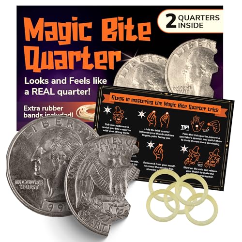 Magic Coin (2 Pack) Hinged Bite Magic Tricks for Kids & Adults, Folding Coin, Optical Illusion Fake Quarters, Prank Toys - Extra Bands Included