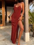 Vestido maxi feminino de crochê com alças finas, laço nas costas, fenda alta, vazado, traje de banho de verão e praia, Vermelho, G