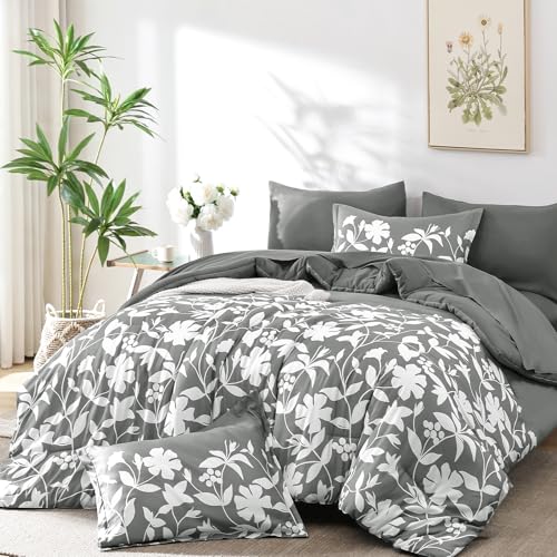 Dintszyayue Grey Comforter Set Queen Size, 7 Pieces Floral Bed in a Bag for Queen Size Bed, Soft Microfiber Flower Leaves Bedding Set for All Season