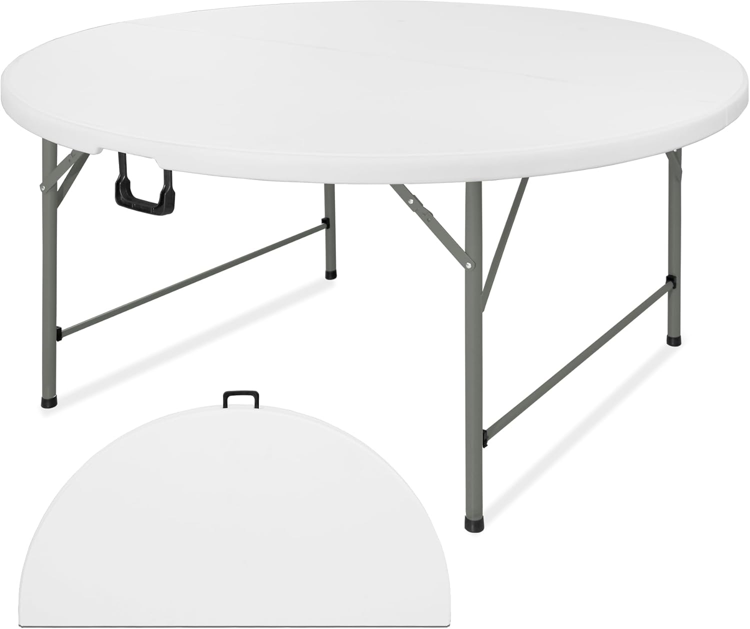 5 FT Round Folding Tables with Carrying Handle 60 inch Heavy Duty Portable Plastic Commercial Table Steel Legs for Party, Dining, Wedding, Events, Picnic Indoor, Outdoor (White,1 Pack)