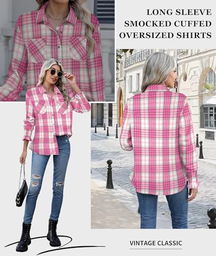Deer Lady Womens Smocked Cuffed Long Sleeve Plaid Flannel Shirts Casual Button Down Shirt Buffalo Boyfriend Blouse Top3