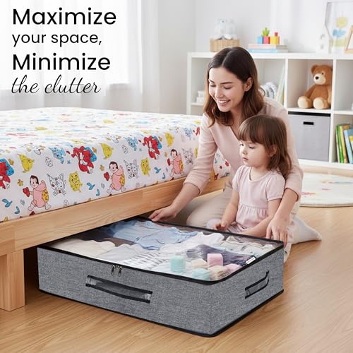 Image of Storite 2 Pack Foldable Underbed Storage Bag - Blankets Clothes Comforters | Breathable Zippered Organizer for Bedroom with Transparent Window and Carry Handles (70 X 45 x 13 cm - Blackgrey)